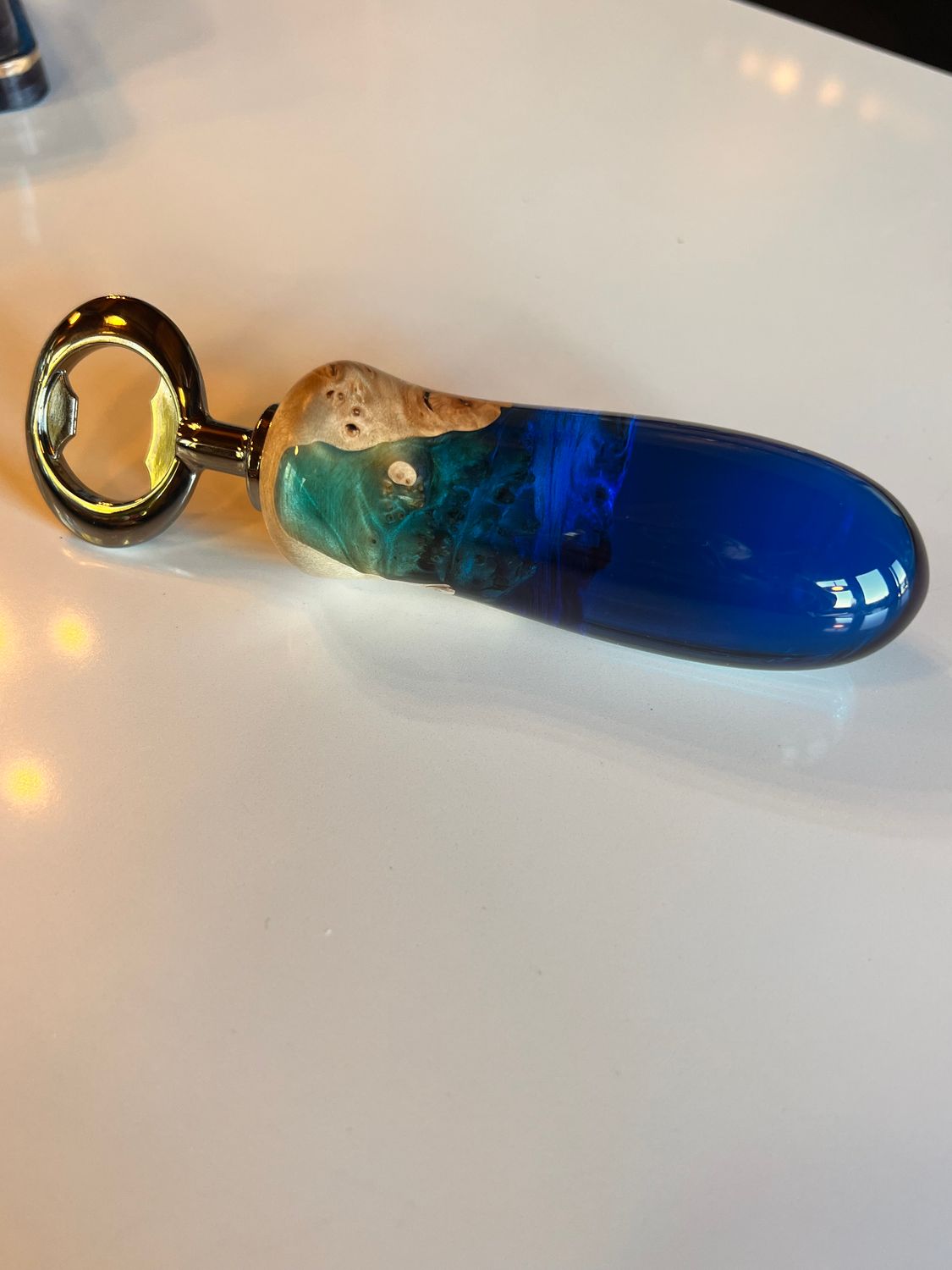 Hand Turned Burl Wood &amp; Lake Michigan Acrlyic Bottle Opener