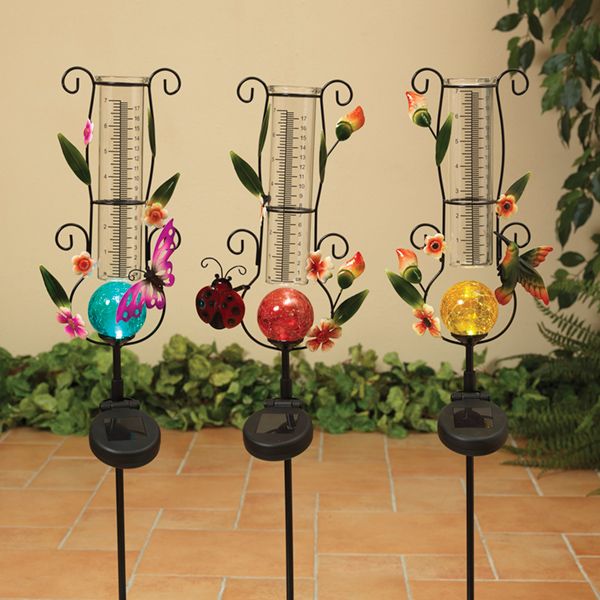 2192600  SOLAR LIGHTED GLASS BALL WITH RAIN GAUGE, Style: HUMMINGBIRD