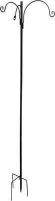 Tall black metal bird feeder station with three curved hooks and ground stake base.