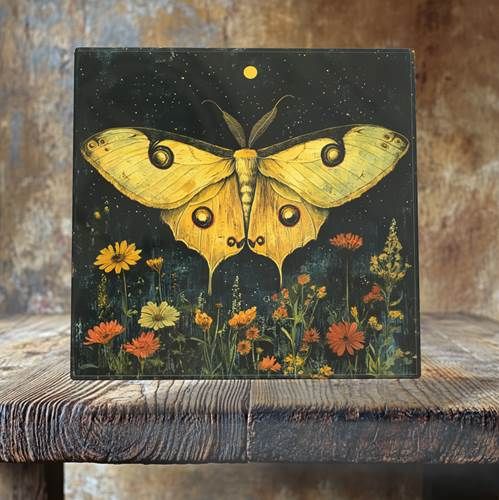Golden Luna Moth and Moon Porcelain Tile – Nocturnal Garden 4.25 X 4.25 INCH
