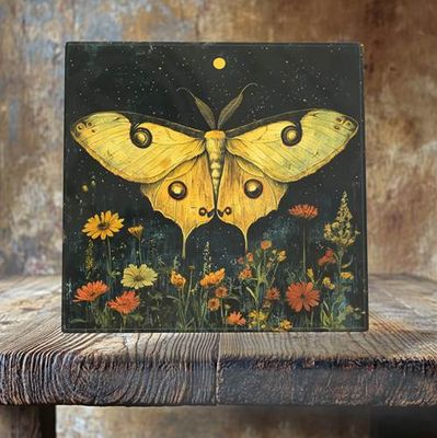 Golden Luna Moth and Moon Porcelain Tile – Nocturnal Garden 4.25 X 4.25 INCH