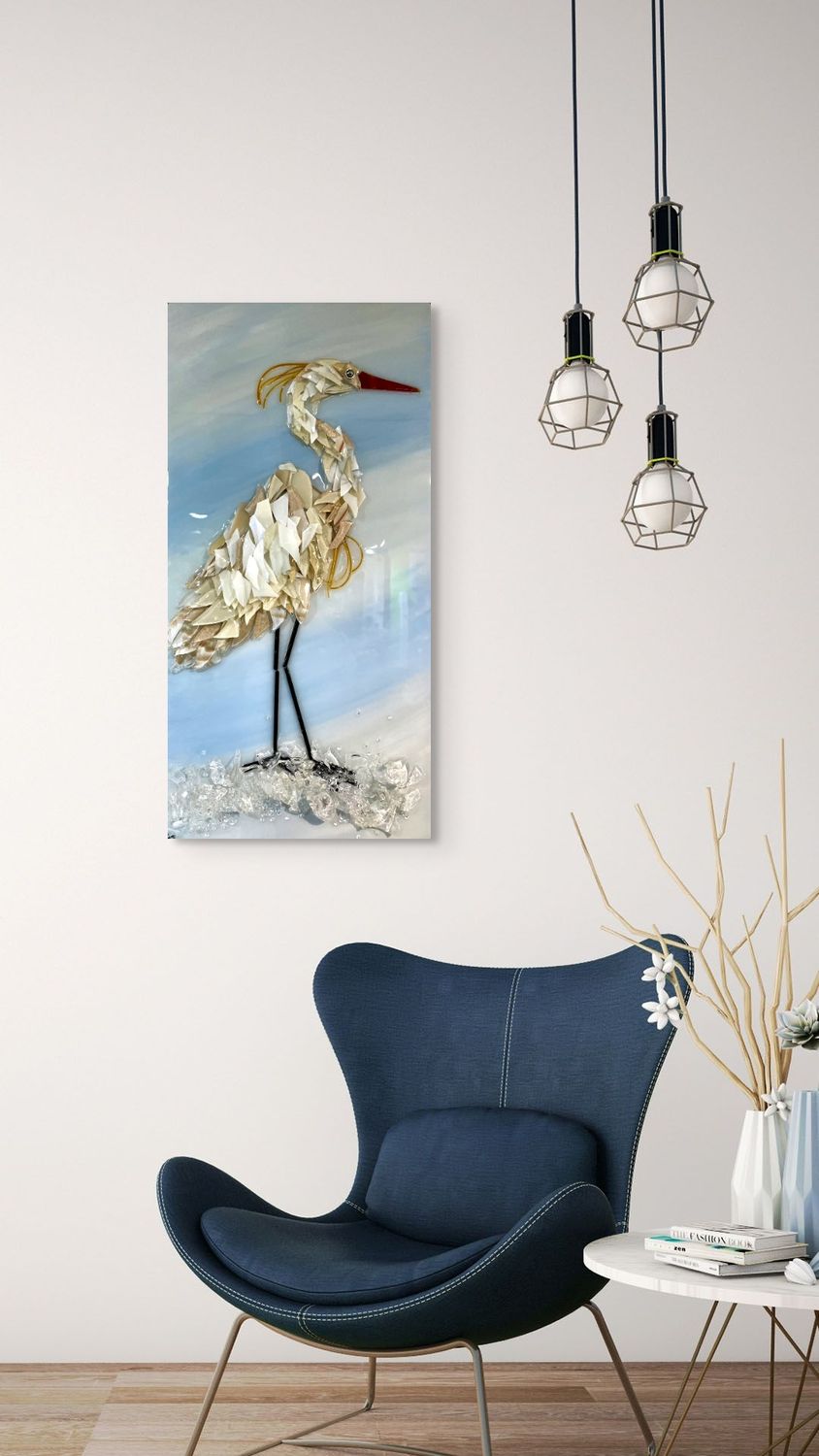 &quot;WHITE BIRD&quot; GLASS WALL ART 12&quot; X 24&quot;