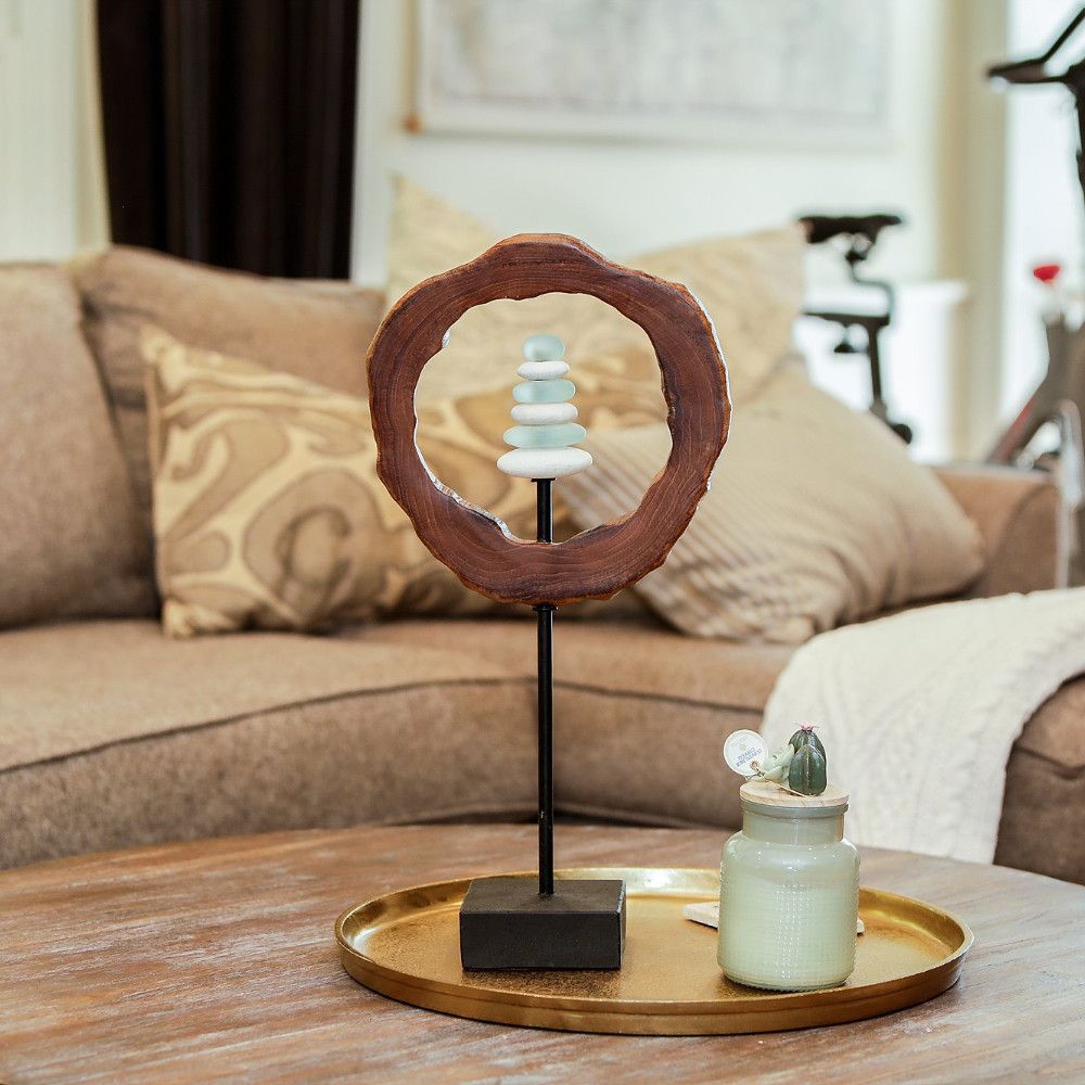 21765 TEAK SLAB WITH  GLASS CAIRN - 20&quot; H