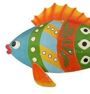 Colorful Enameled Metal Fish Wall Plaque - Orange/Light Blue