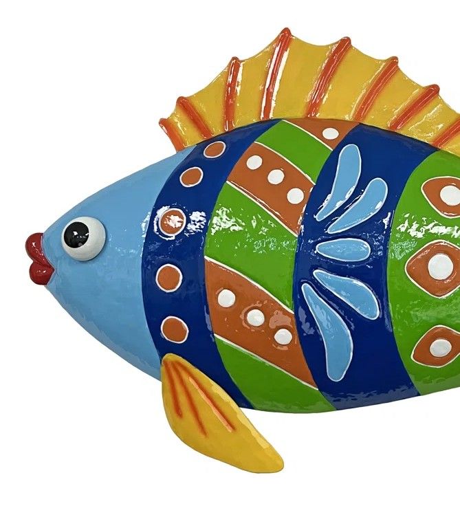 Colorful Enameled Metal Fish Wall Plaque - Blue/Yellow
