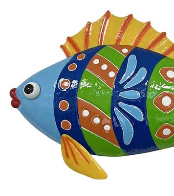 Colorful Enameled Metal Fish Wall Plaque - Blue/Yellow