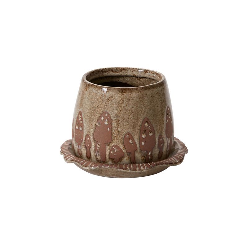 WILD MUSHROOM POT WITH SAUCER 7.75&quot;X 6&quot;
