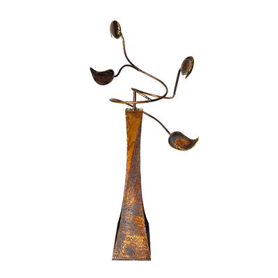 Abstract bronze kinetic sculpture with curved leaf elements on tall sculptural base.