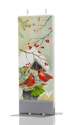 FLATYZ - HAND CRAFTED ARTIST CANDLE CARDINALS ON SNOWY BIRD HOUSE