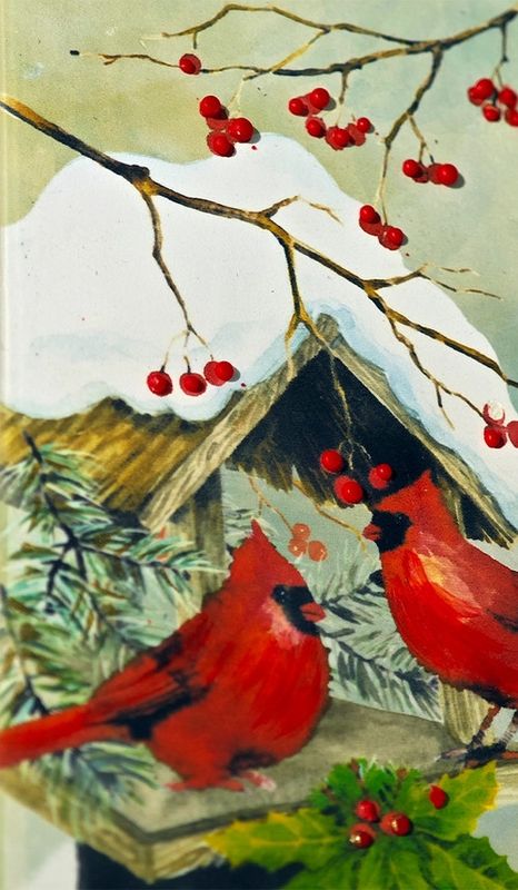 FLATYZ - HAND CRAFTED ARTIST CANDLE CARDINALS ON SNOWY BIRD HOUSE