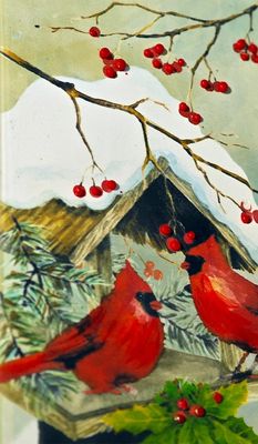 FLATYZ - HAND CRAFTED ARTIST CANDLE CARDINALS ON SNOWY BIRD HOUSE