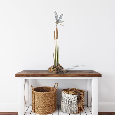 DRAGONFLY AND CATTAILS TABLETOP SCULPTURE (SS / HARDWOOD)