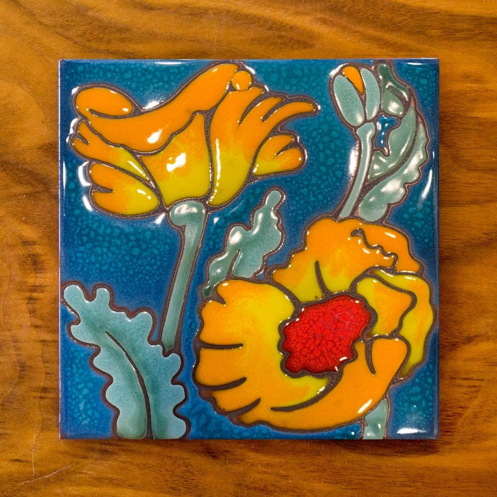 6X6 ART TILE - DESERT POPPY BLOOM - BLUE BACKGROUND