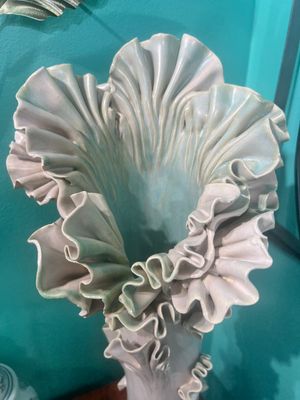 Tall Ruffle Vase - White w/ Teal Green