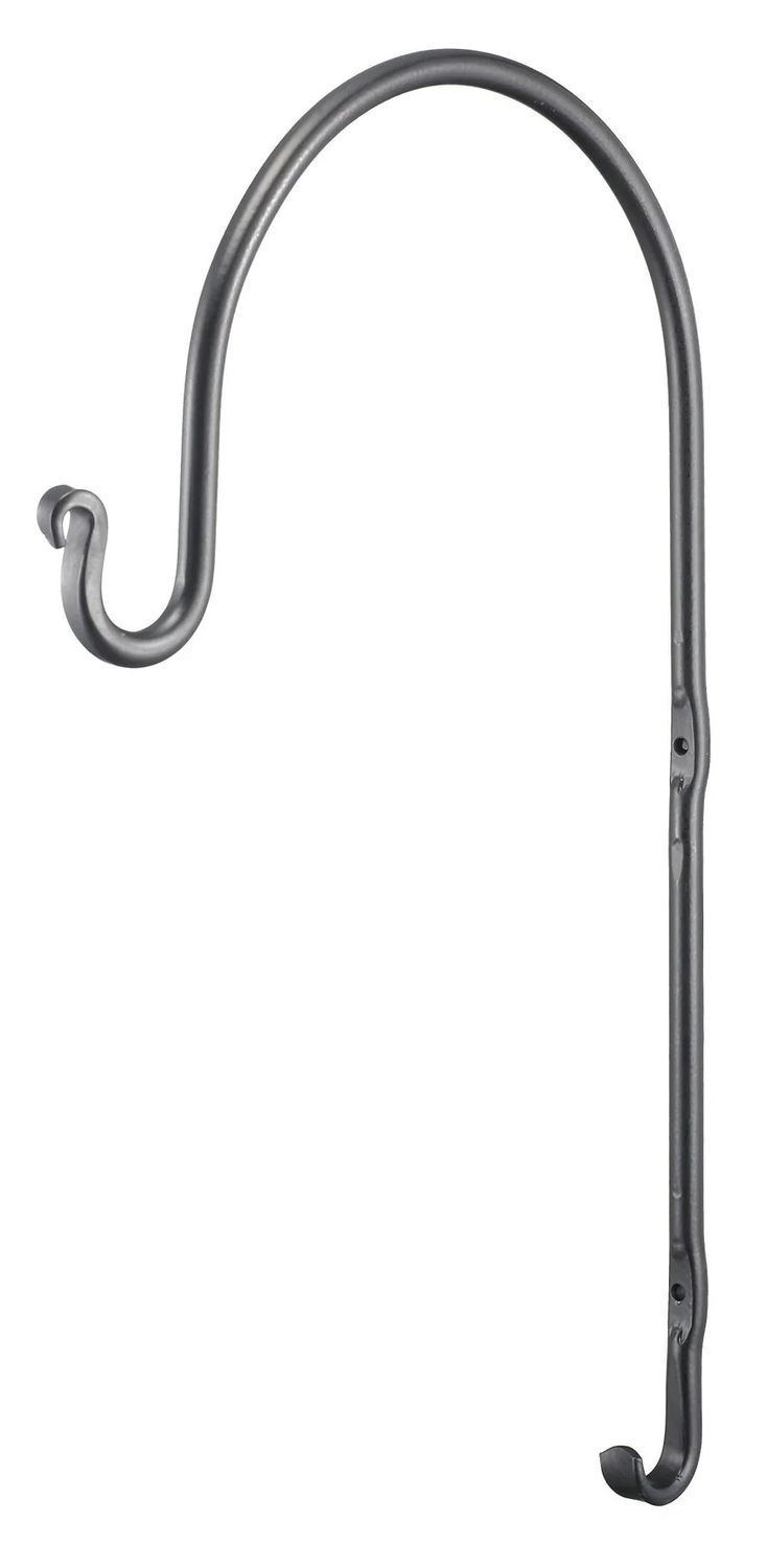 Black metal wall mount shepherd’s hook with curved hanging arm and mounting holes.