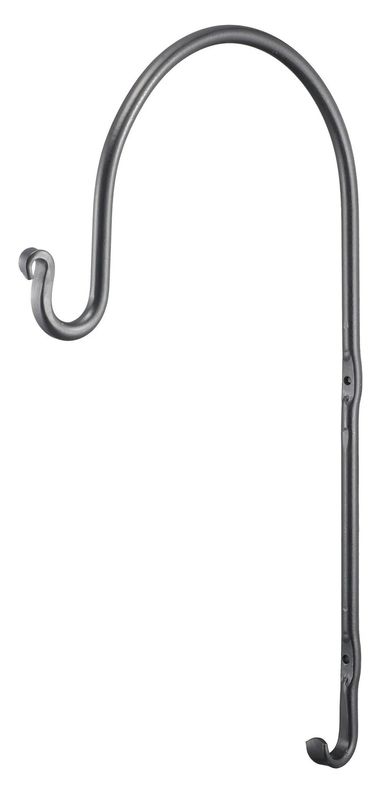 Black metal wall mount shepherd’s hook with curved hanging arm and mounting holes.