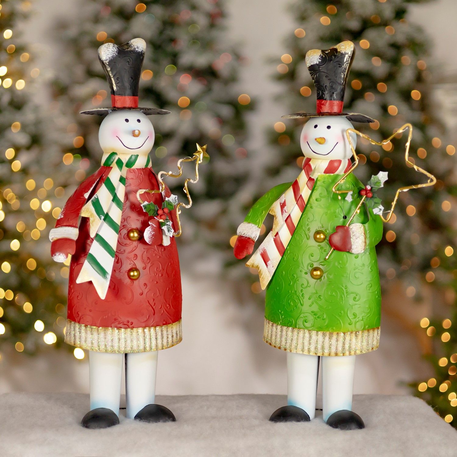 Set of 2 Assorted 21.5&quot; Tall Metal Snowmen Decorations with LED Lights