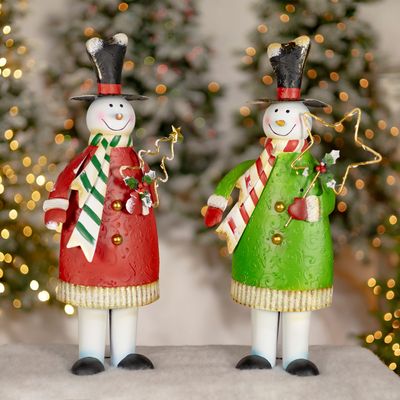 Set of 2 Assorted 21.5&quot; Tall Metal Snowmen Decorations with LED Lights