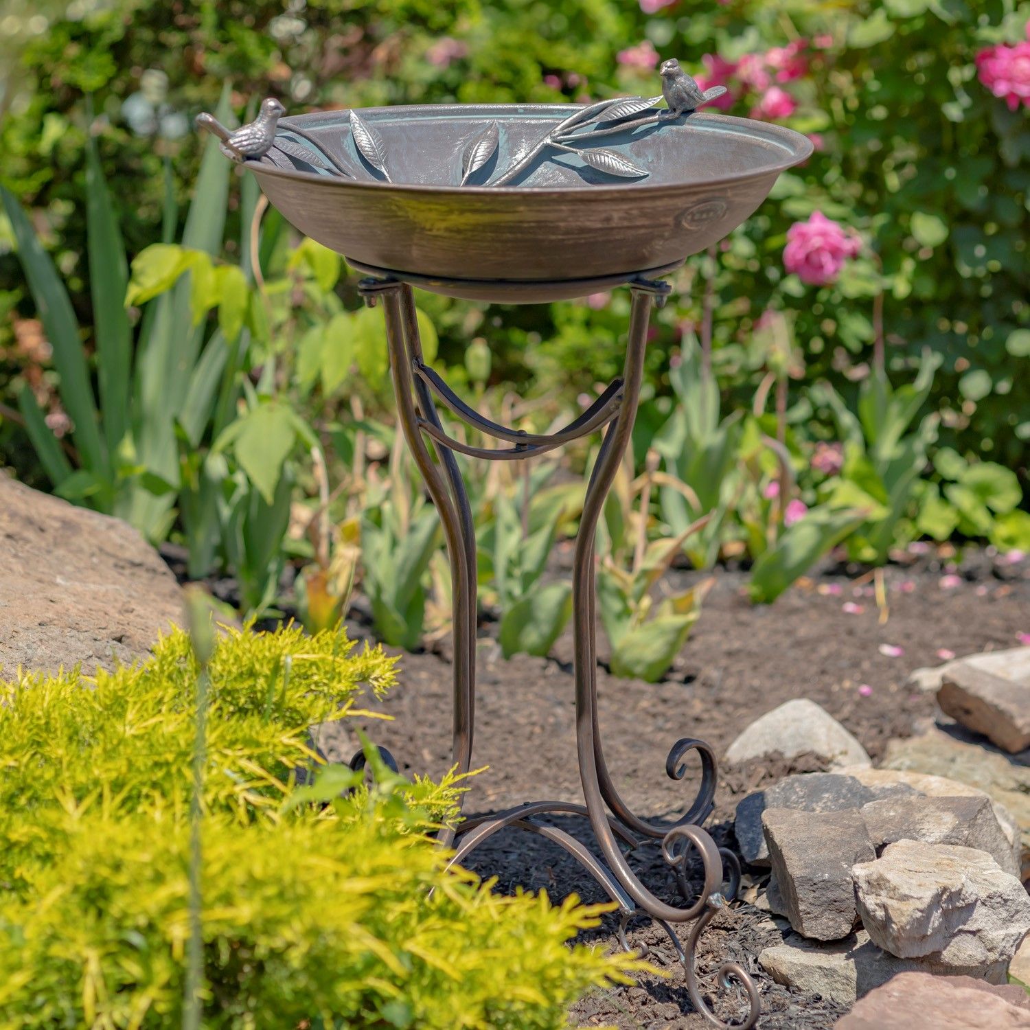 31&quot; Tall &quot;Two Birds&quot; Iron Birdbath with Antique Bronze Finish