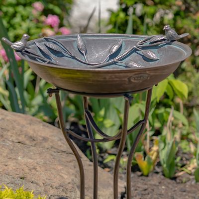 31-inch tall iron birdbath with an antique bronze finish and two decorative bird accents on the rim