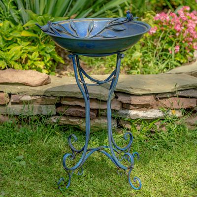 31&quot; Tall &quot;Two Birds&quot; Iron Birdbath with Frosted Blue Finish