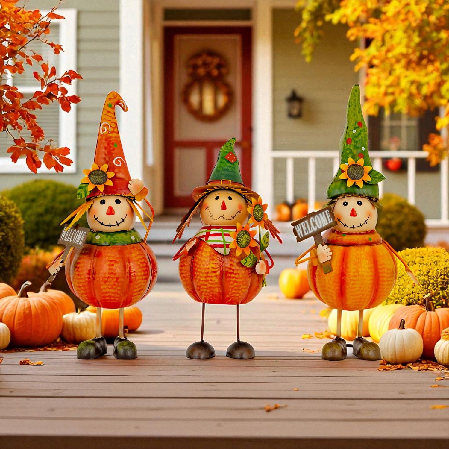 Set of 3 Assorted Pumpkin Scarecrow Figurines &quot;Tatters Stitches &amp; Patches&quot;