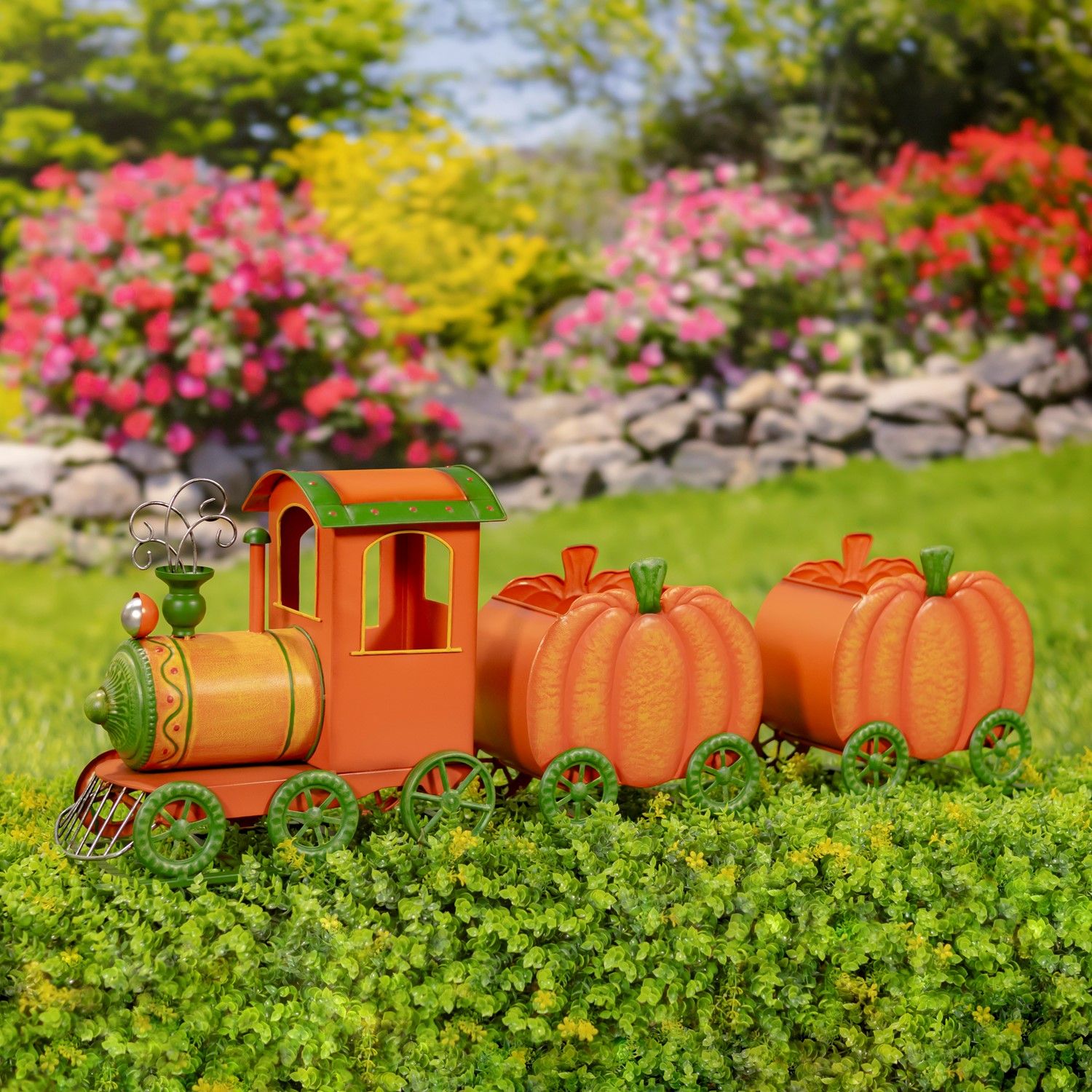39.5&quot; Long Iron Pumpkin Train with Two Carts Decoration &quot;Pumpkin Express&quot;