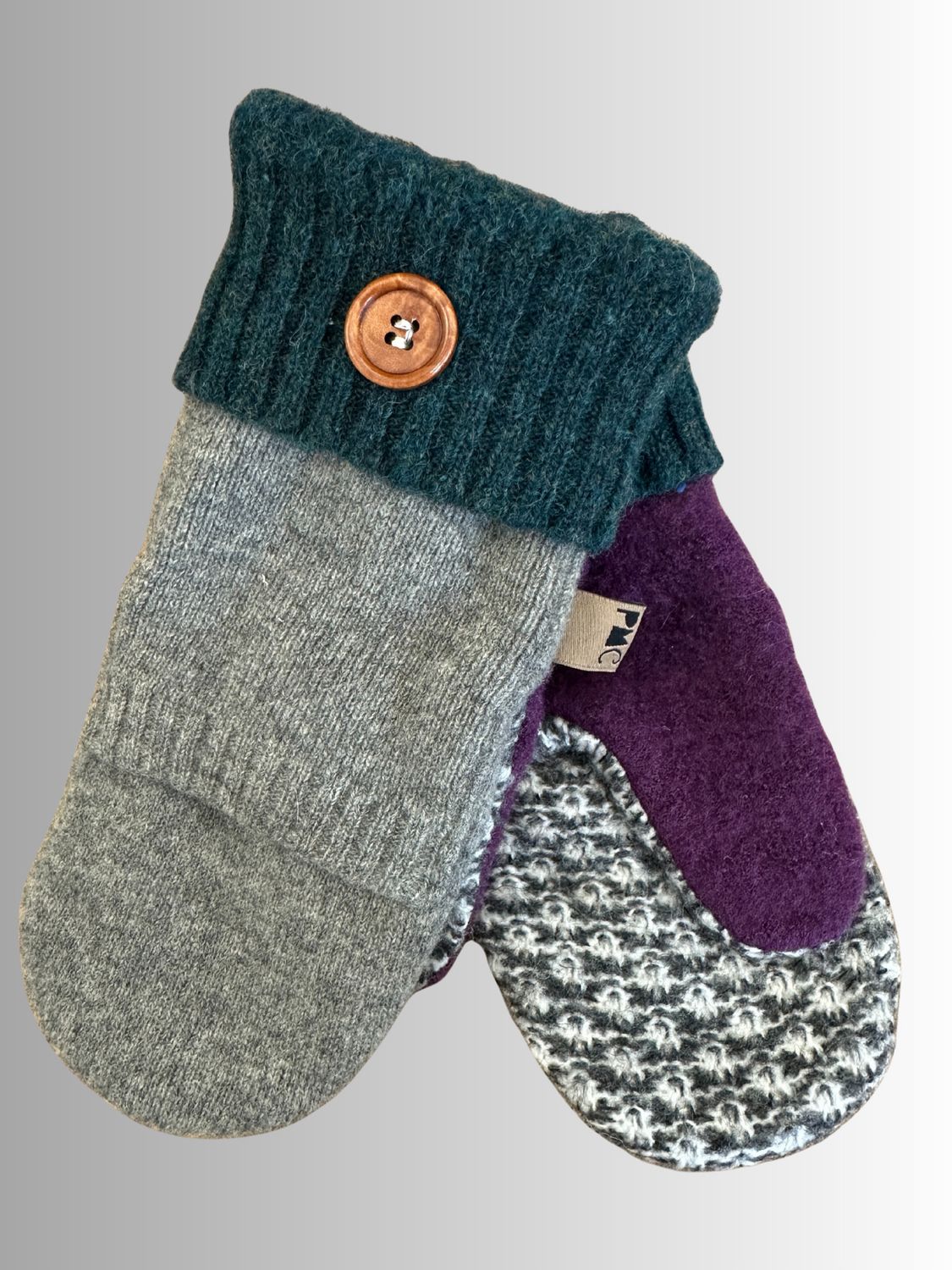 MITTENS - 100% WOOL W/ FLEECE LINING - RECYCLED/UPCYCLED - GRAY PLUM &amp; GREEN