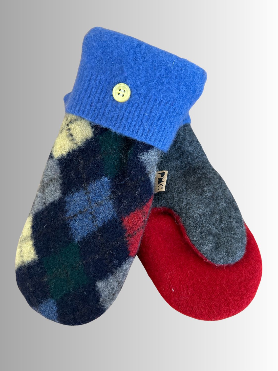 MITTENS - 100% WOOL W/ FLEECE LINING - RECYCLED/UPCYCLED - BLUE AND RED ARGYLE