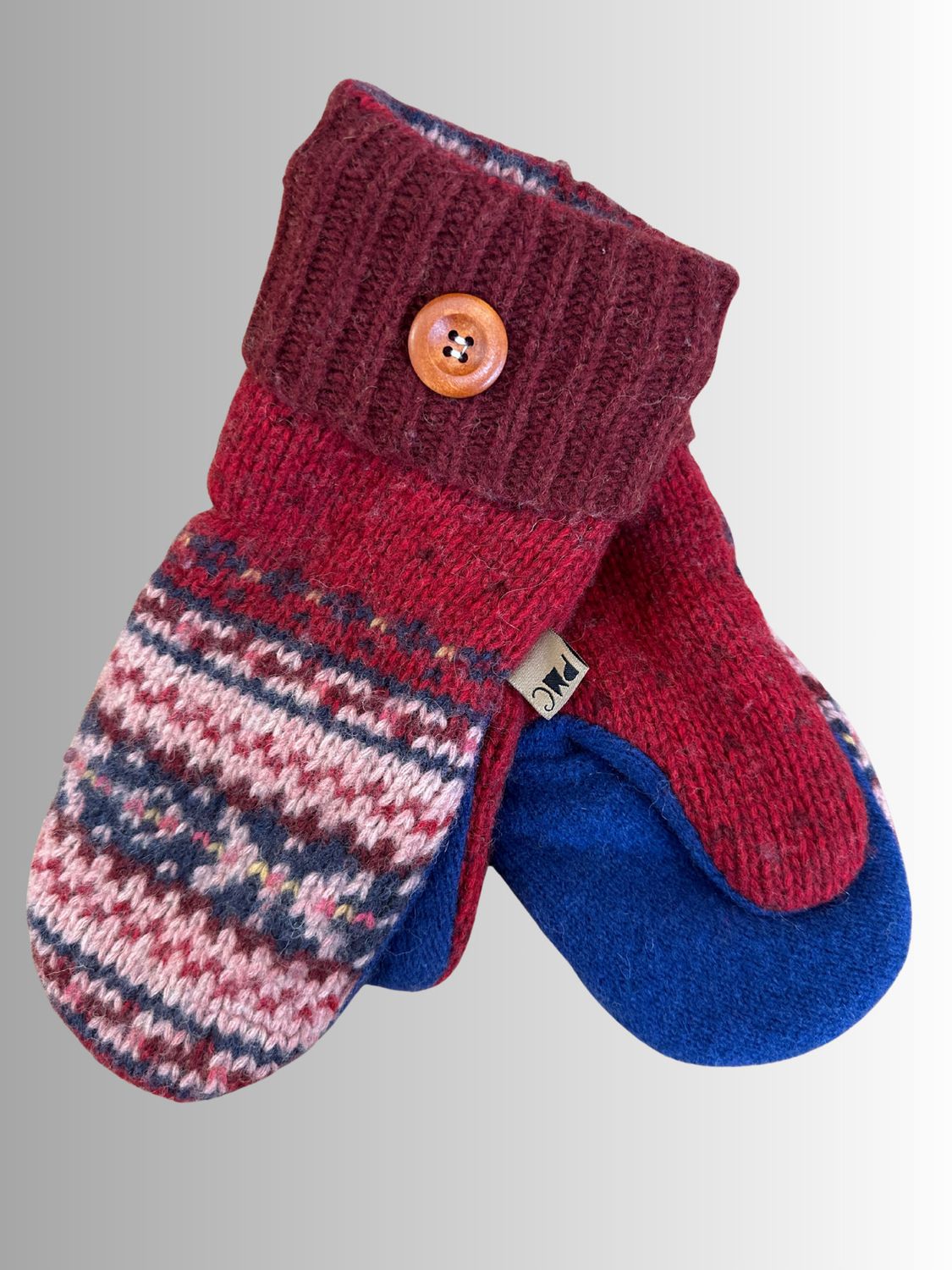 MITTENS - 100% WOOL W/ FLEECE LINING - RECYCLED/UPCYCLED - RED AND BLUE FOR YOU