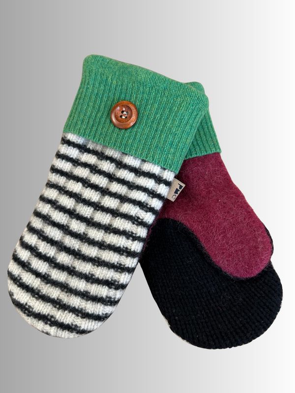 MITTENS - 100% WOOL W/ FLEECE LINING - GREEN AND BLACK STRIPES