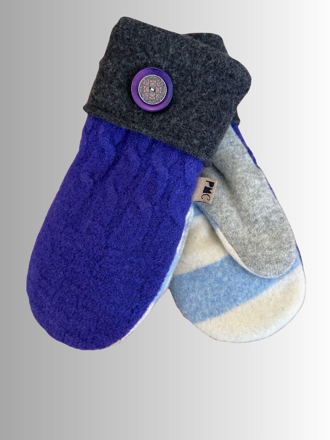 MITTENS - 100% WOOL W/ FLEECE LINING - RECYCLED/UPCYCLED - ROYAL VIOLET AND CHARCOAL
