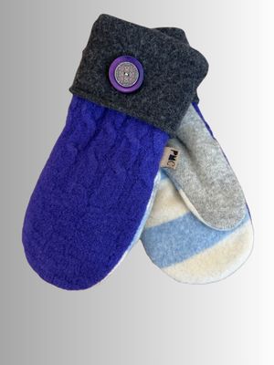 MITTENS - 100% WOOL W/ FLEECE LINING - RECYCLED/UPCYCLED - ROYAL VIOLET AND CHARCOAL