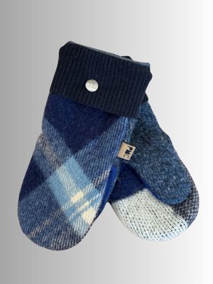 MITTENS - 100% WOOL W/ FLEECE LINING - RECYCLED/UPCYCLED - BLUE PLAID