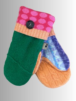 MITTENS - 100% WOOL W/ FLEECE LINING - RECYCLED/UPCYCLED - PINK POLKA GREEN