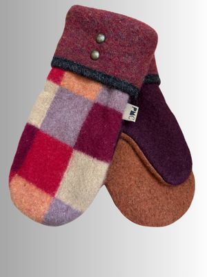 MITTENS - 100% WOOL W/ FLEECE LINING - RECYCLED/UPCYCLED - BURGUNDY CHECK
