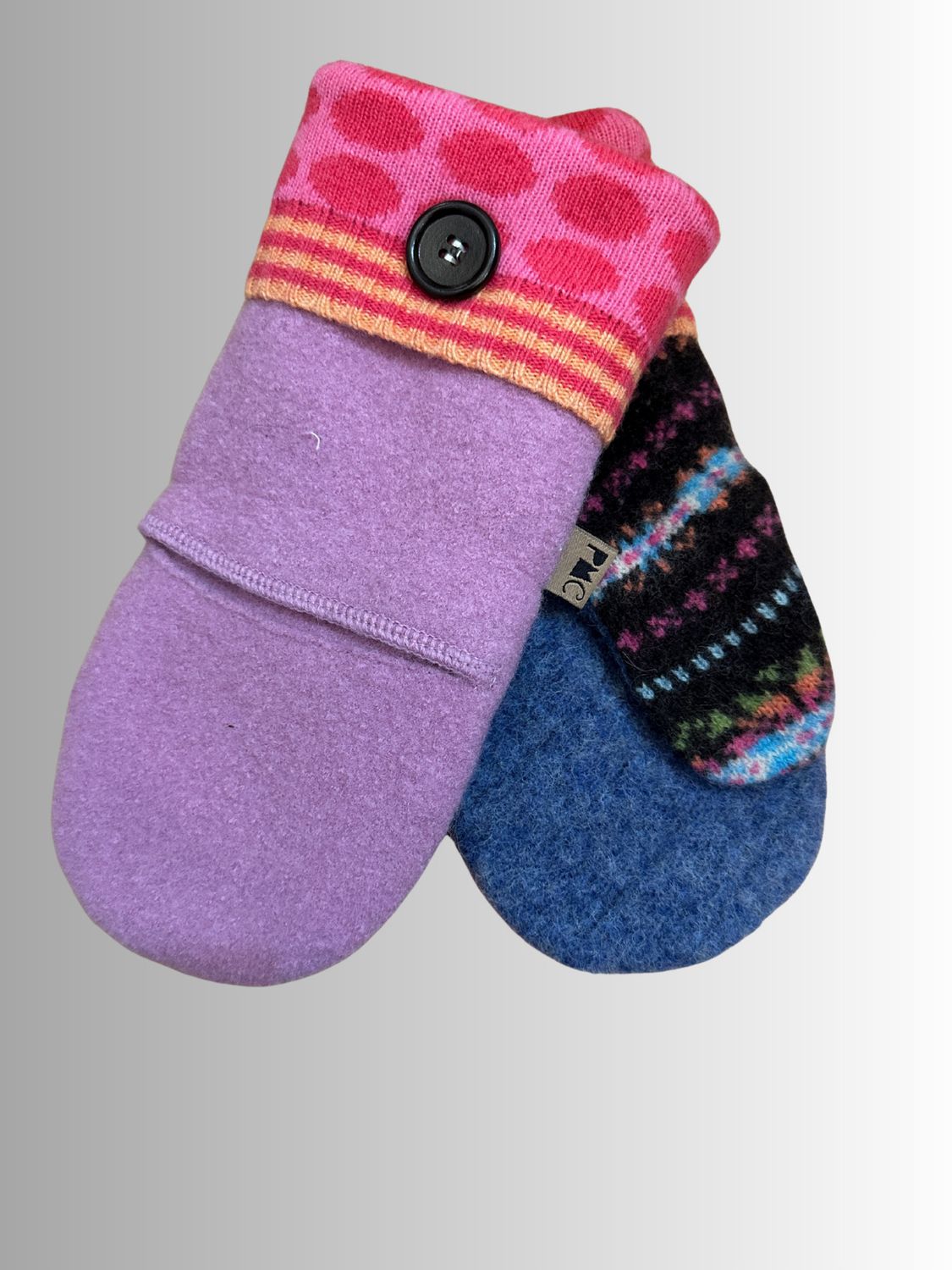 MITTENS - 100% WOOL W/ FLEECE LINING - RECYCLED/UPCYCLED - PINK POLKA PURPLE