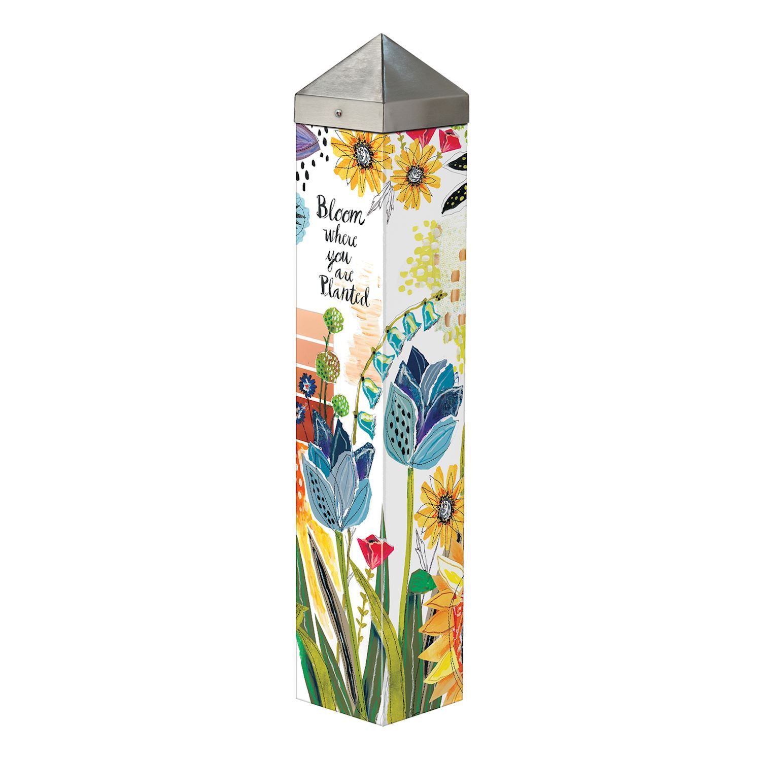 20-inch Snippets garden art pole featuring colorful painted patterns and the phrase Bloom Where You Are Planted.