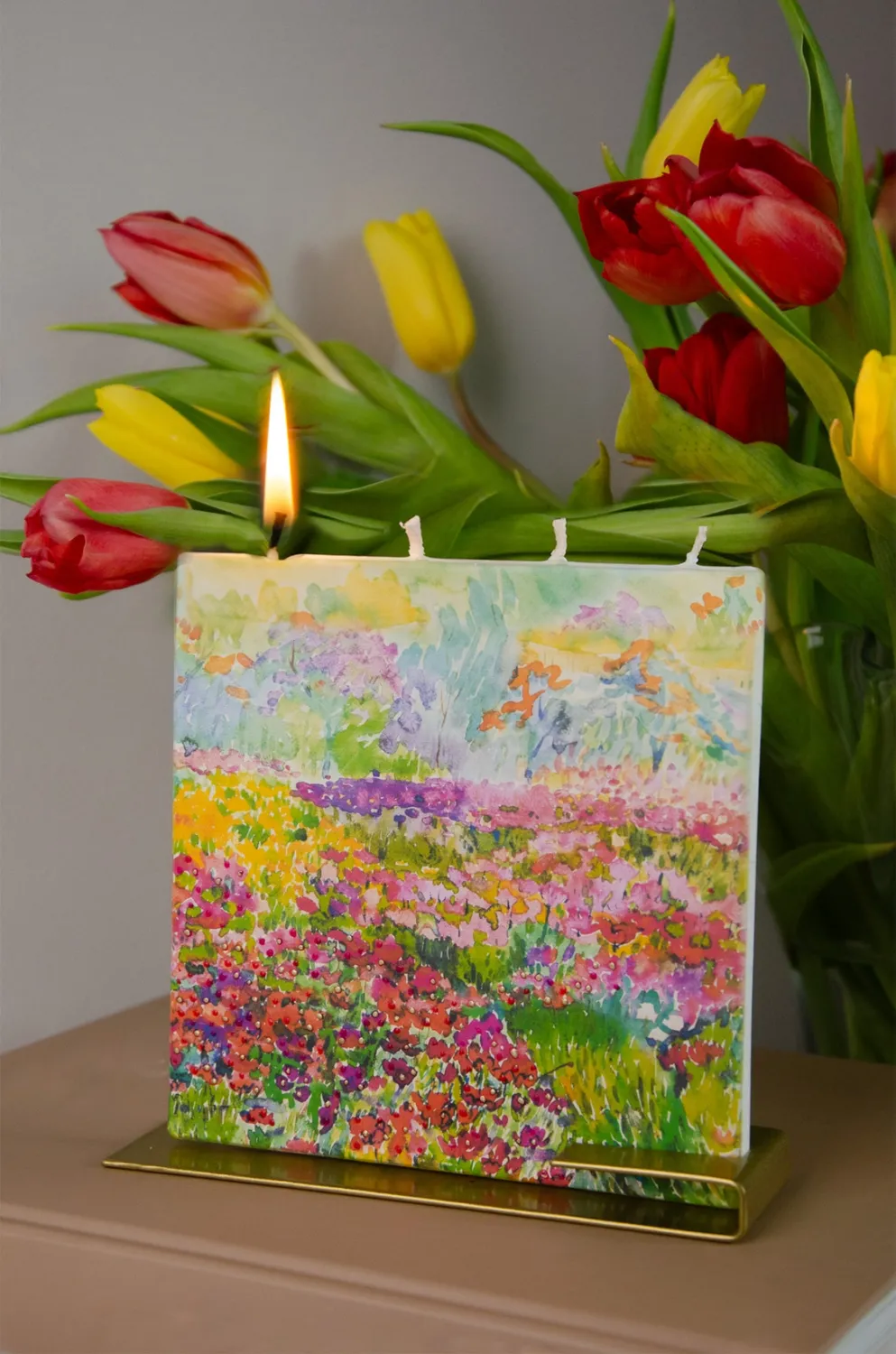 Flat Handmade Candle-Square Colorful Field of Wild Flowers