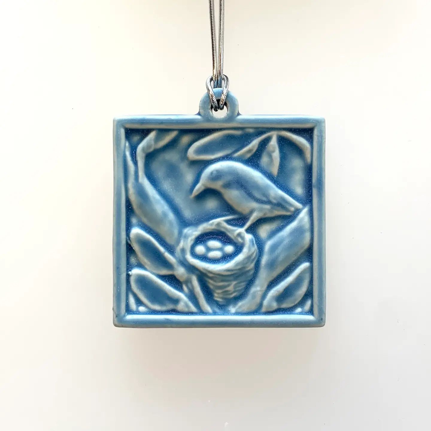 Bird at Nest Ceramic Ornament - Freshwater Blue