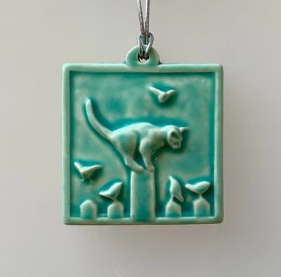 Cat on Fence with Birds Ceramic Ornament  - Bermuda Aqua