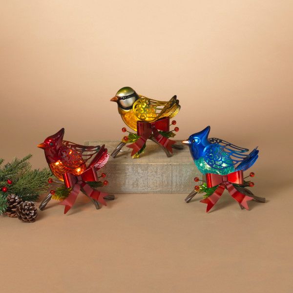 8&quot;H Electric Lighted Metal &amp; Glass Holiday Winter Bird, 3 Asst