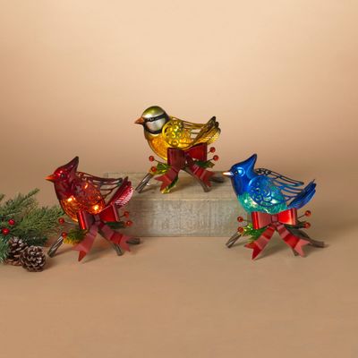 8&quot;H Electric Lighted Metal &amp; Glass Holiday Winter Bird, 3 Asst