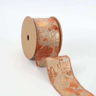 2 1/2&quot; Wired Ribbon | &quot;Metallic Leaf&quot; Natural/Copper