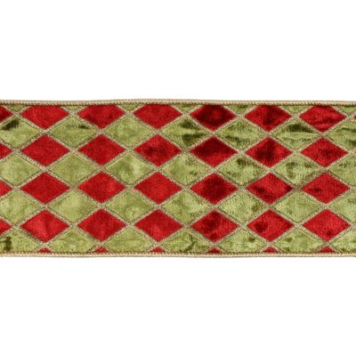 4" Wired Velvet Ribbon | Diamond Apple Green/Red/Gold Glitter | 5 Yard Roll