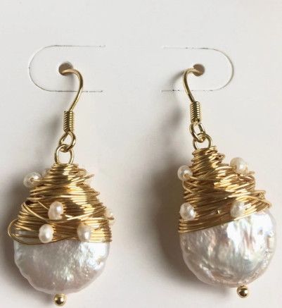 WIRE WRAP BIRDS NEST FRESHWATER PEARL COIN DROP EARRING