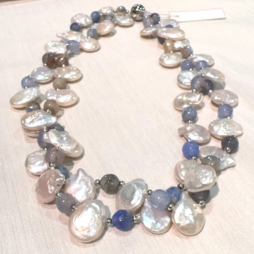 Blue-Two Strand Teardrop Pearl and Blue Agate Necklace