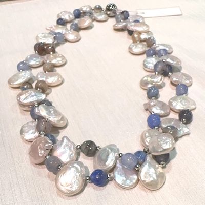 Blue-Two Strand Teardrop Pearl and Blue Agate Necklace
