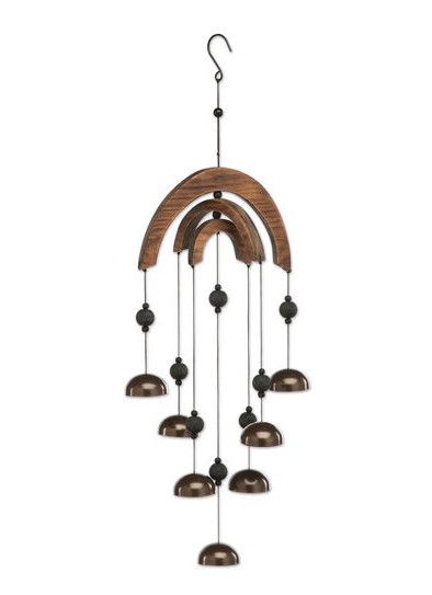 Wood arch wind chime with multiple hanging metal bells in a vertical design.