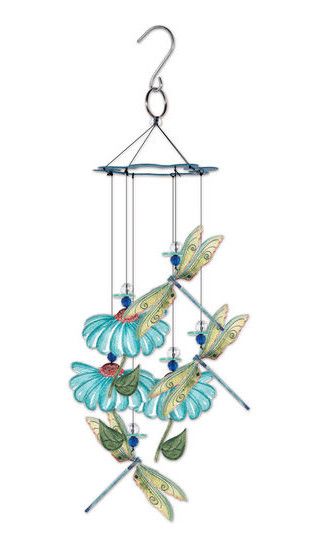 Blue and green dragonfly wind chime with layered floral accents hanging from a circular top frame.